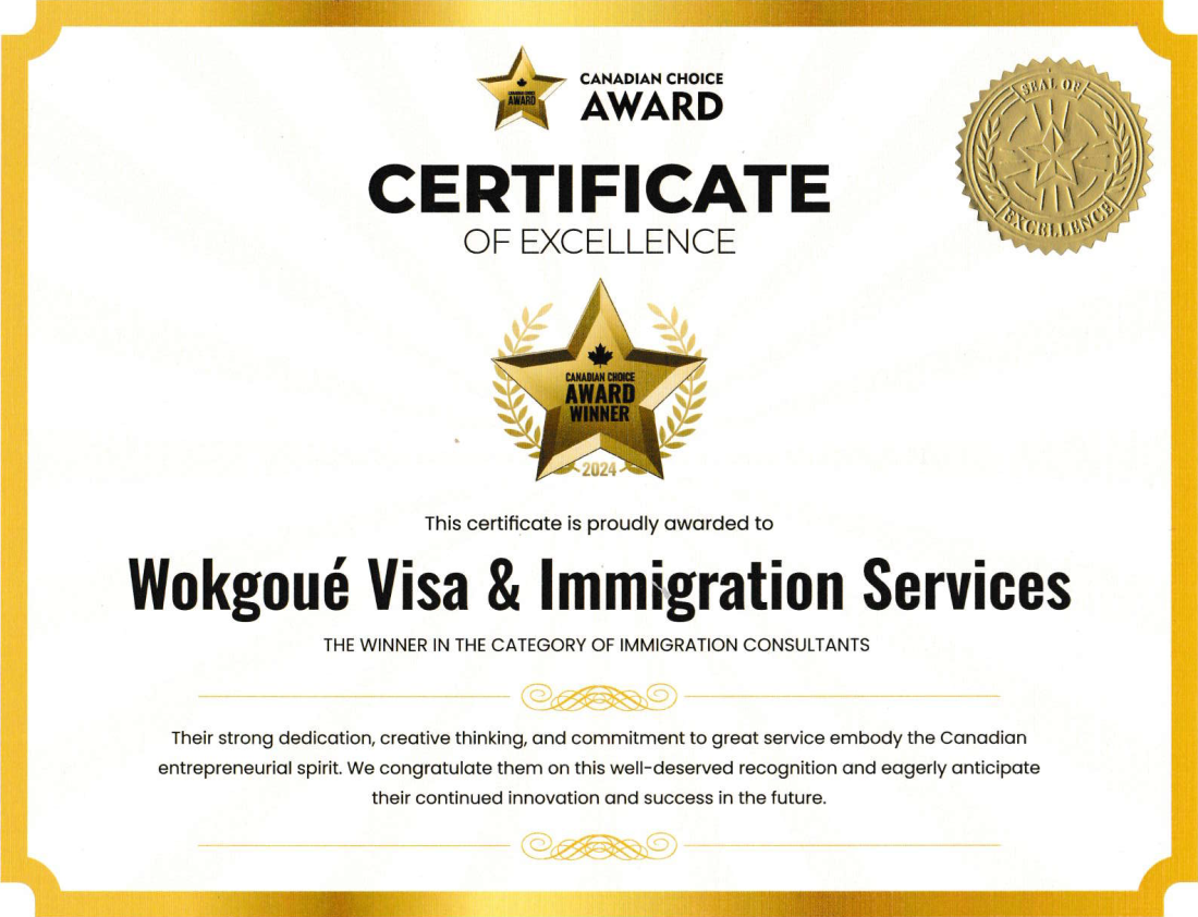 Certificat d’excellence du Canadian Choice Award 2024 décerné à Wokgoué Visa & Immigration Services