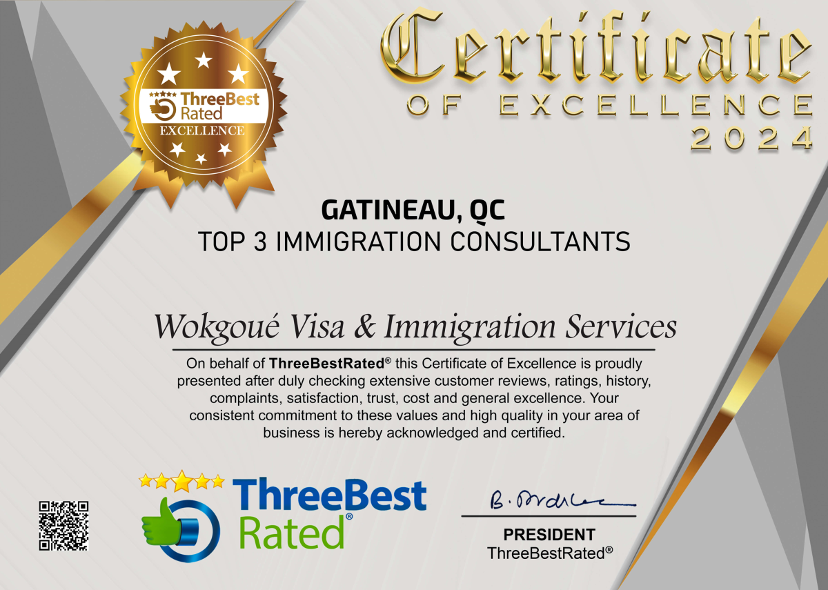 Certificat d’excellence ThreeBest Rated 2024, Top 3 des consultants en immigration de Gatineau